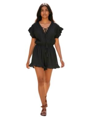 Flying Tomato Black Romper Short Sz M Floral Eyelets Ruffle Hem Lace V Neckline